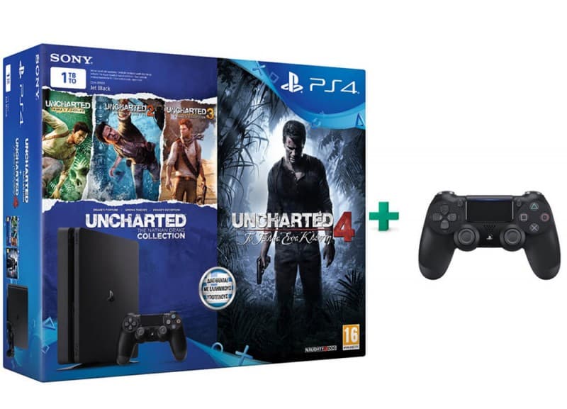 Sony PlayStation 4 1TB Slim D Chassis &amp; Uncharted 4 &amp; Uncharted The Nathan Drake Collection &amp; 2ο Dualshock 299€ - Public
