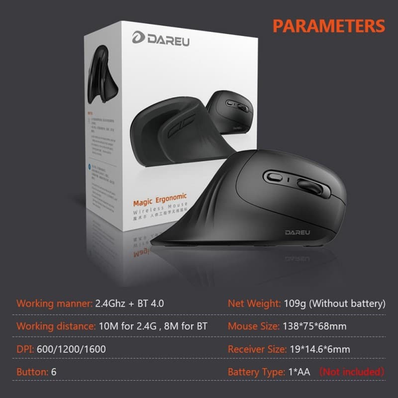 DAREU Magic Ergonomic Vertical Wireless Mouse, Bluetooth 4.0+2.4Ghz Dual mode skin Gaming Mice with 3D scroll wheel For Computer