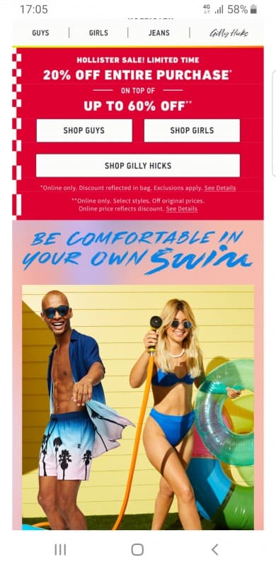 20% extra στο καλάθι στο check out στην Hollister