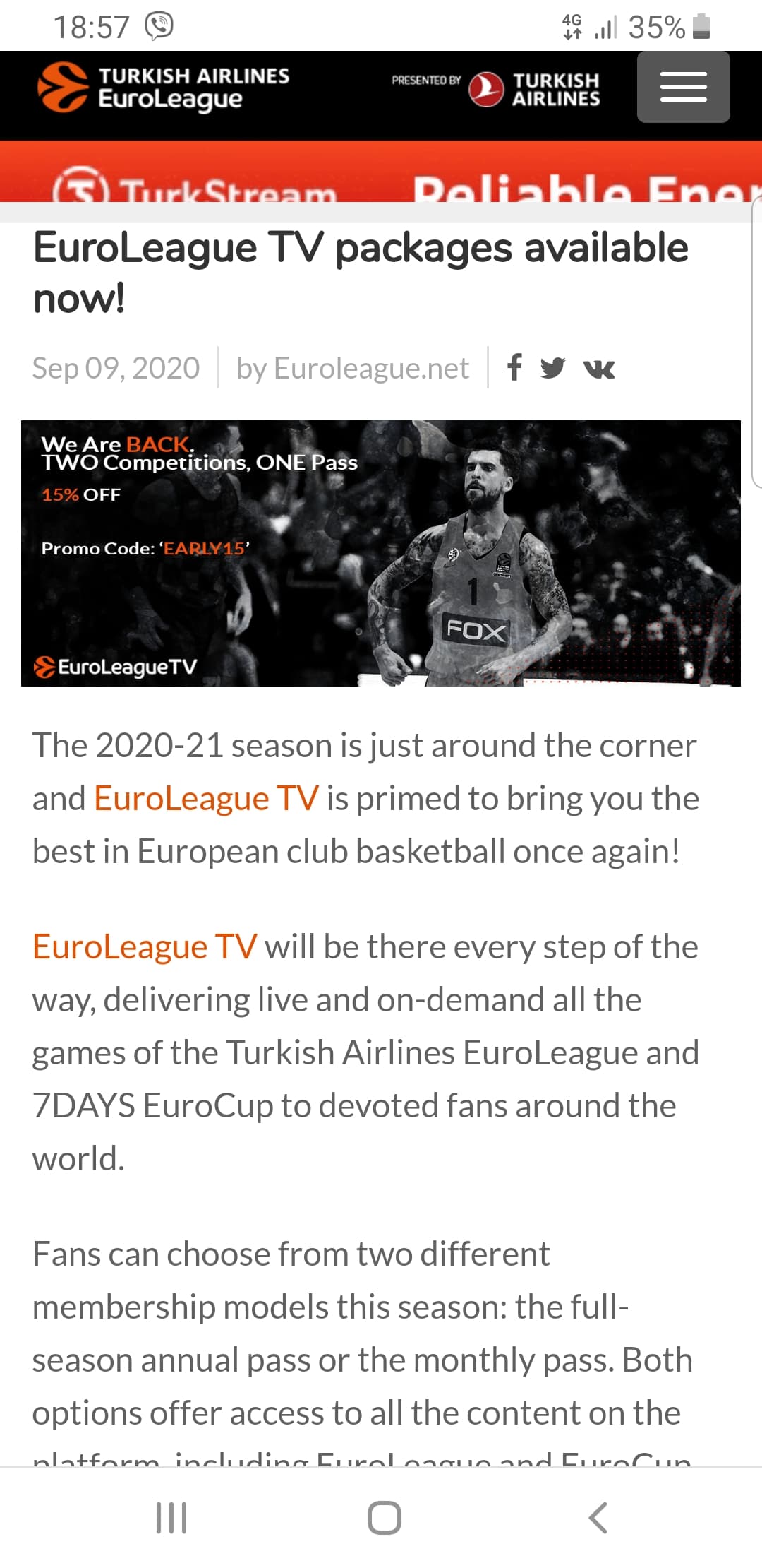 Euroleague tv 15% με κωδικο EARLY15