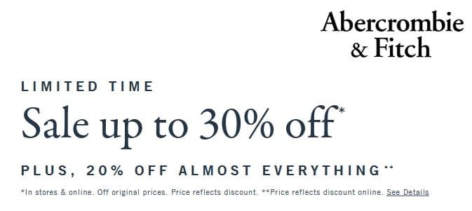 Abercrombie 30% στα εκπτωτικά και έξτρα 20% και στα εκπτωτικά και σχεδόν σε όλο το site