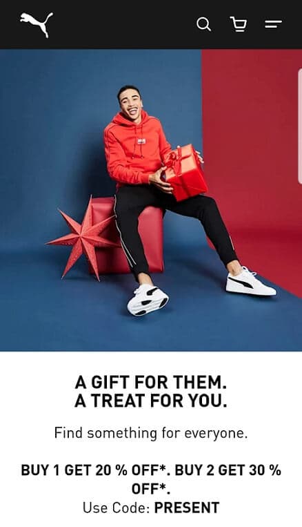 Puma Έκπτωση 20% αγοράζοντας 1 προϊόν κ 30% για αγορά 2 προϊόντων με τον κωδικό PRESENT