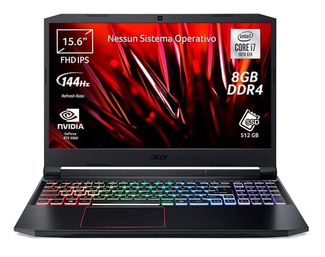 Acer Nitro 5 AN515-55 Laptop (15.6" FHD IPS 144Hz, i7-10750H, 8GB, 512GB, RTX 3060 6GB, No OS) 1.130€ - Amazon IT