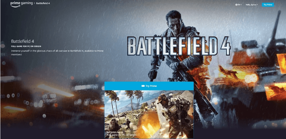 Δωρεάν κλειδί μέσω του Amazon Prime Gaming για την απόκτηση μόνιμα του Battlefield 4 Standard Edition (όχι τα Expansion Packs)