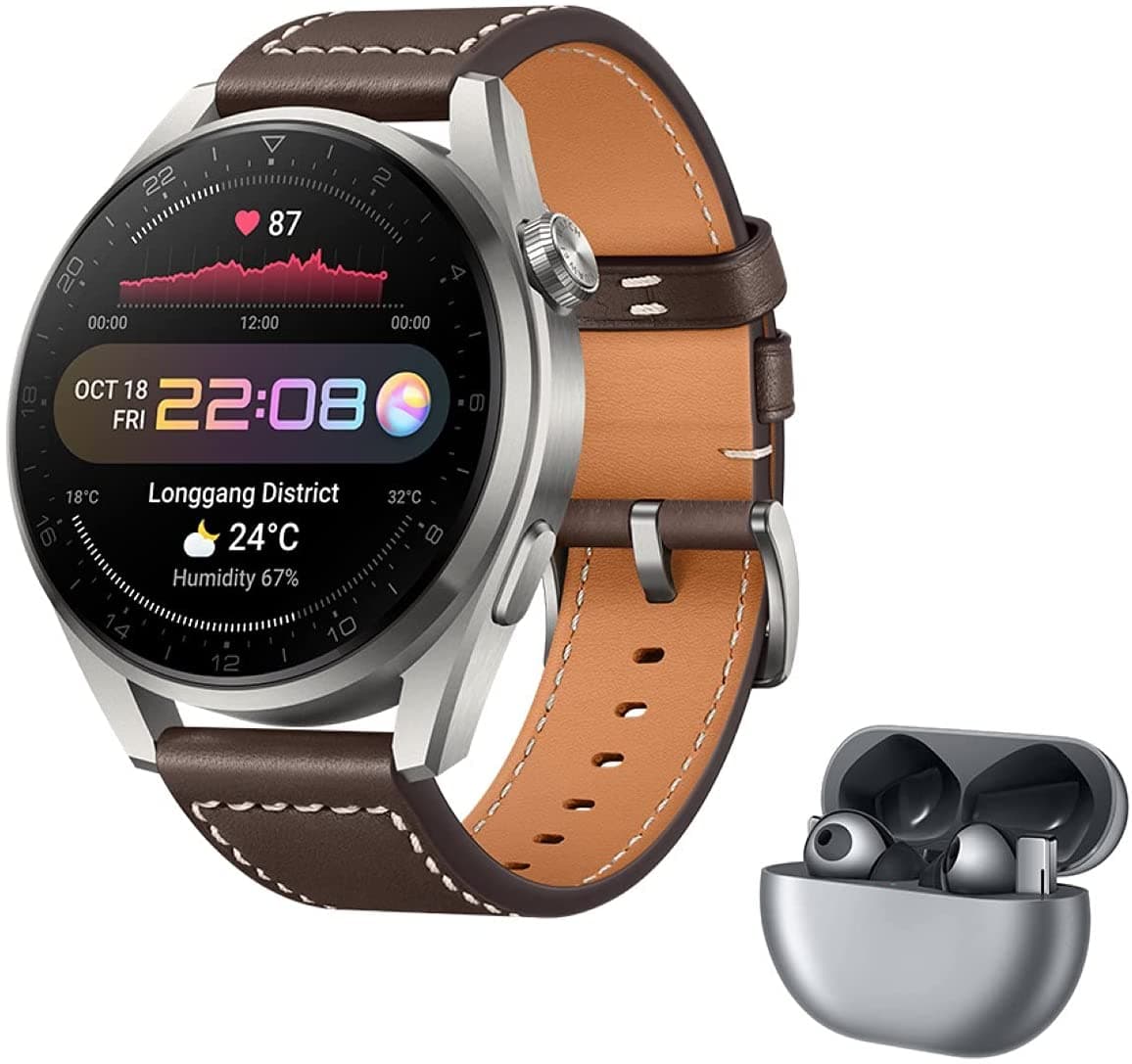 HUAWEI Watch 3 Pro - 4G Smartwatch, eSIM Telephone, Brown Leather Band + FreeBuds Pro, Silver Frost
