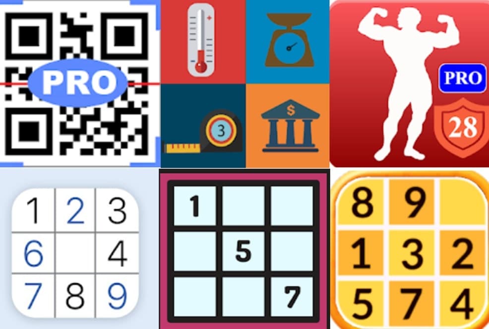 Δωρεάν τα Sudoku {Premium Pro}, Sudoku {Pega Pro}, Sudoku Challenge (No Ads), Unit Converter (Pega Pro) - Premium, Home Workouts Gym Pro (No ad) και QR και σαρωτής γραμμωτού κώδικα PRO, για Android συσκευές