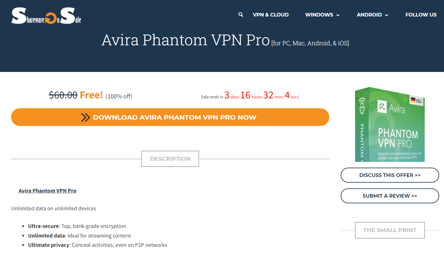 Δωρεάν για 6 μήνες το Avira Phantom VPN Pro για PC, από sharewareonsale.com