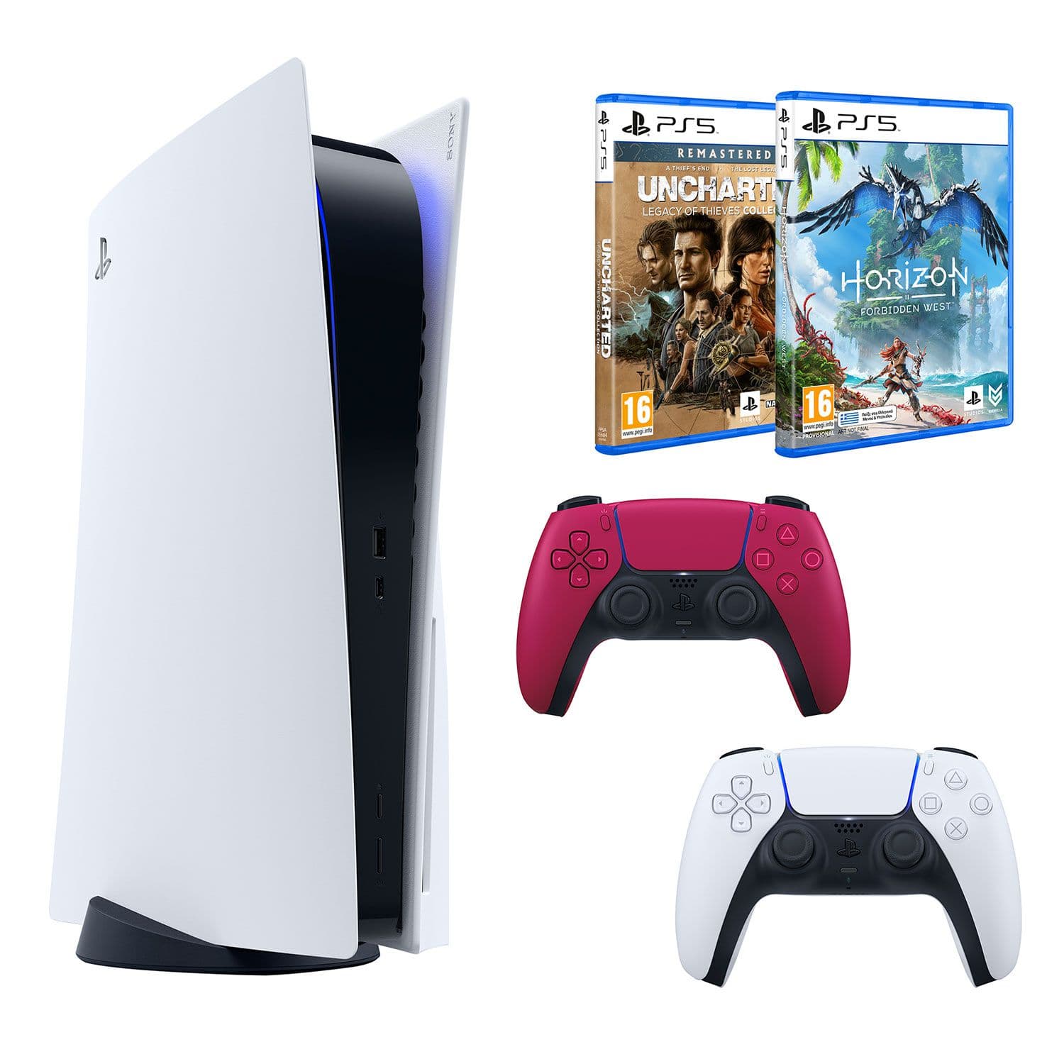 PlayStation 5 + DualSense Cosmic Red + Uncharted + Horizon Forbidden West 679€