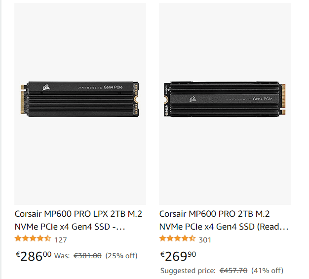 Corsair MP600 PRO LPX 2TB M.2 NVMe PCIe x4 Gen4 SSD - Optimised for PS5  και  Corsair MP600 PRO 2TB M.2 NVMe PCIe x4 Gen4 SSD, από 280,70€, από Amazon.de