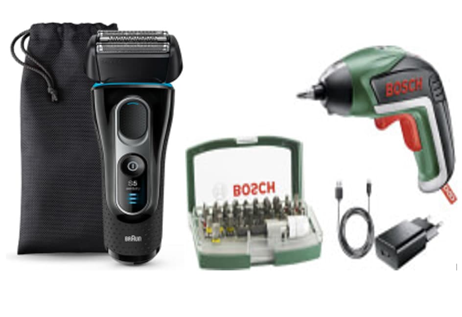Επαναφορτιζόμενο Κατσαβίδι μπαταρίας Bosch IXO V 3.6V LI-ION + Κασετίνα 32 τεμ μύτες 06039A800S, στα 40,90€  και Ξυριστική Μηχανή Braun Series 5 5147S, στα 89,90€, από το e-shop.gr