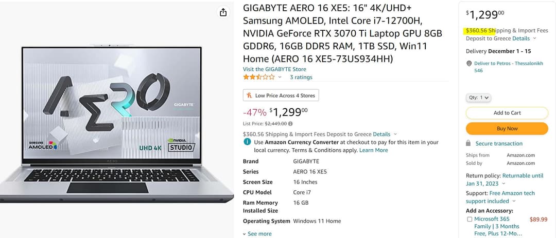 GIGABYTE AERO 16 XE5: 16" 4K/UHD+ Samsung AMOLED, Intel Core i7-12700H, RTX 3070 Ti 8GB GDDR6, 16GB DDR5 RAM, 1TB SSD, Win11 (AERO 16 XE5-73US934HH)