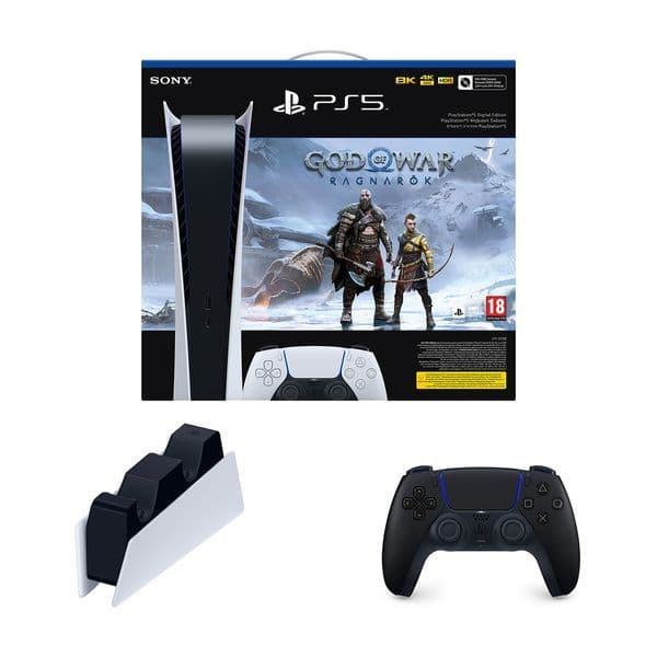 Sony PS5 Digital Edition & God of War Ragnarök Voucher Code & DualSense Wireless Controller Midnight Black & Charging Station For DualSense PS5