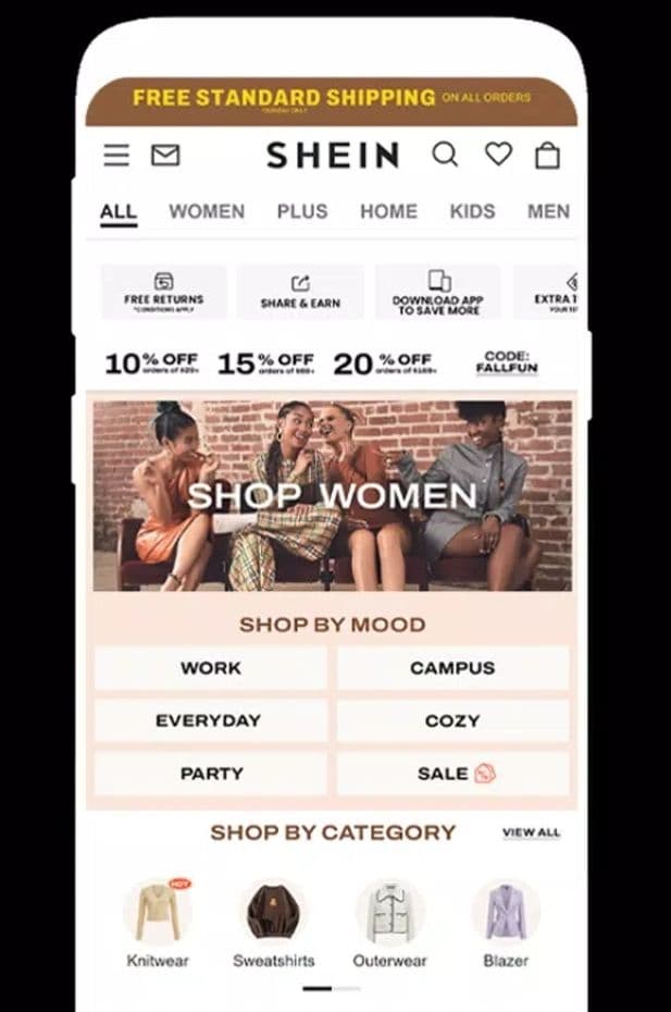 Shein -20% ή -15% χωρίς ελαχιστη παραγγελία (στην εφαρμογή, επιλεγμένοι λογαριασμοί)