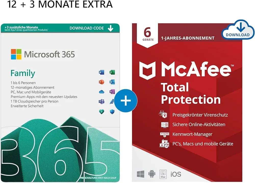 Microsoft Office 365 Family (6 χρήστες) 15 μήνες + McAfee Total Protection 2022 (6 χρήστες) 12 μήνες - Amazon De