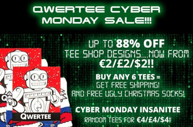 CYBER MONDAY, Μπλουζάκια από €2 και δωρεάν μεταφορικά & FREE UGLY CHRISTMAS SOCKS με αγορά 6 τεμάχια, qwertee.com