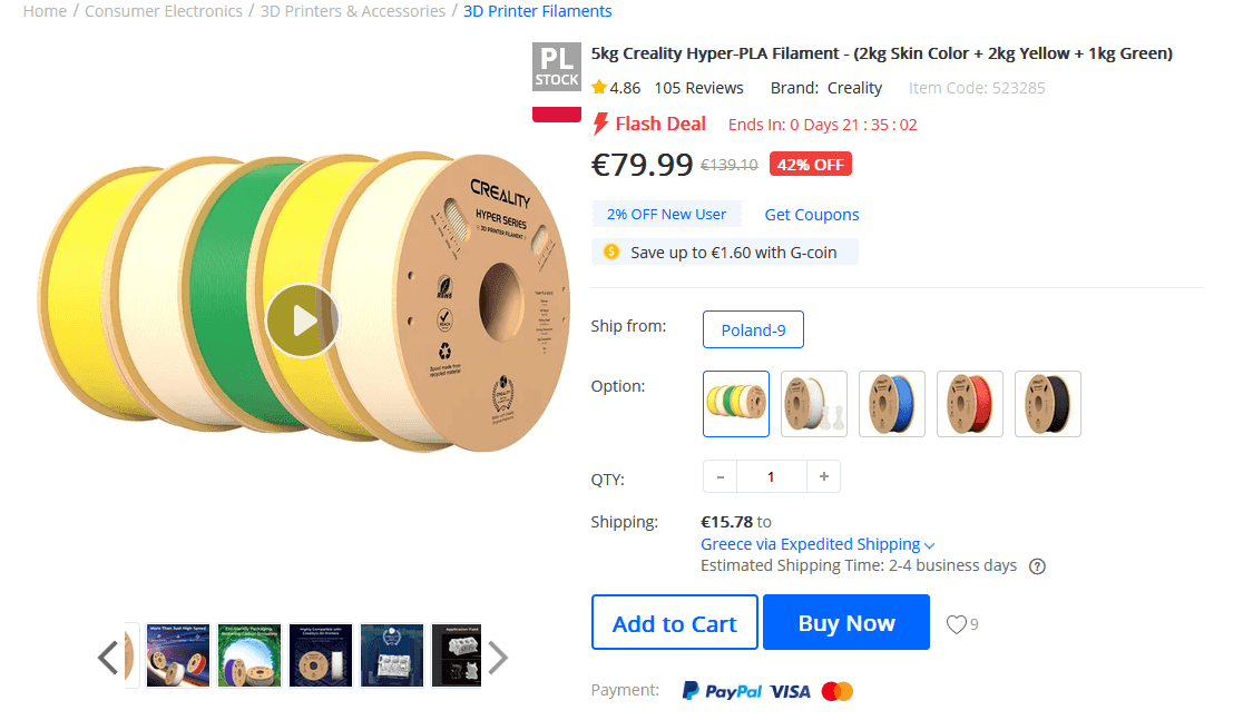 5kg Creality Hyper-PLA Filament - (2kg Skin Color + 2kg Yellow + 1kg Green)