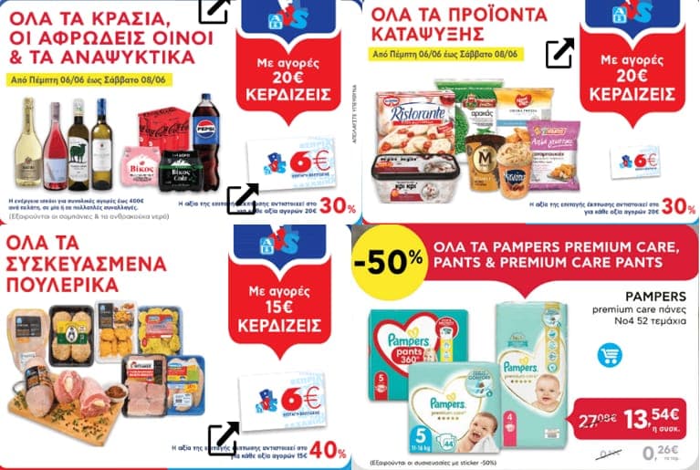 με αγορές 20€ και άνω σε όλα τα κρασιά, αφρώδεις οίνοι & αναψυκτικά κερδίζεις 6€ & με αγορές 20€ και άνω σε όλα τα προϊόντα κατάψυξης κερδίζεις 6€