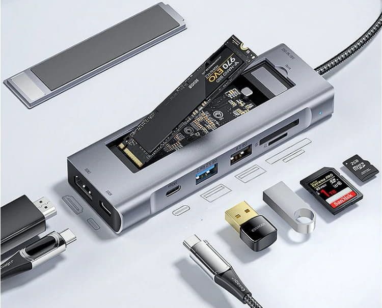ESSAGER 8-in-1 Docking Station with Disk Storage USB 2.0 USB 3.2 Gen 2 10Gbps USB-C Data PD100W USB-C 4K@30Hz HDMI SD/TF Card Reader Slot Multiports M.2 SSD USB Hubs Splitter στα 24,3€