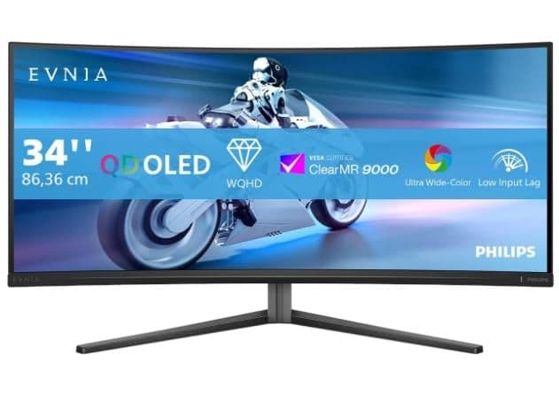 PHILIPS Evnia 34M2C6500-34'' QD OLED WQHD Curved Gaming Monitor, 175 Hz, 0.03 ms, HDR400, Ambiglow, FreeSync Premium Pro, G-Sync comp