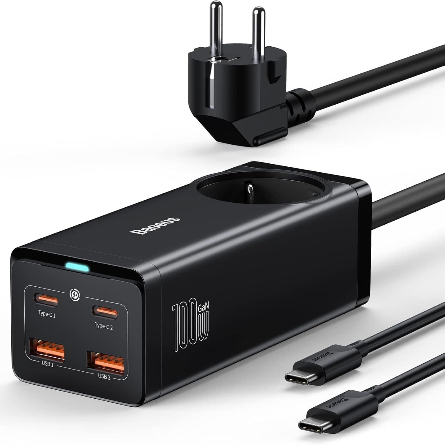 Baseus Φορτιστής 100W με Ενσωματωμένο Καλώδιο με 2 Θύρες USB-A, 2 Θύρες USB-C και Πρίζα 230V AC [fulfilled by Amazon]