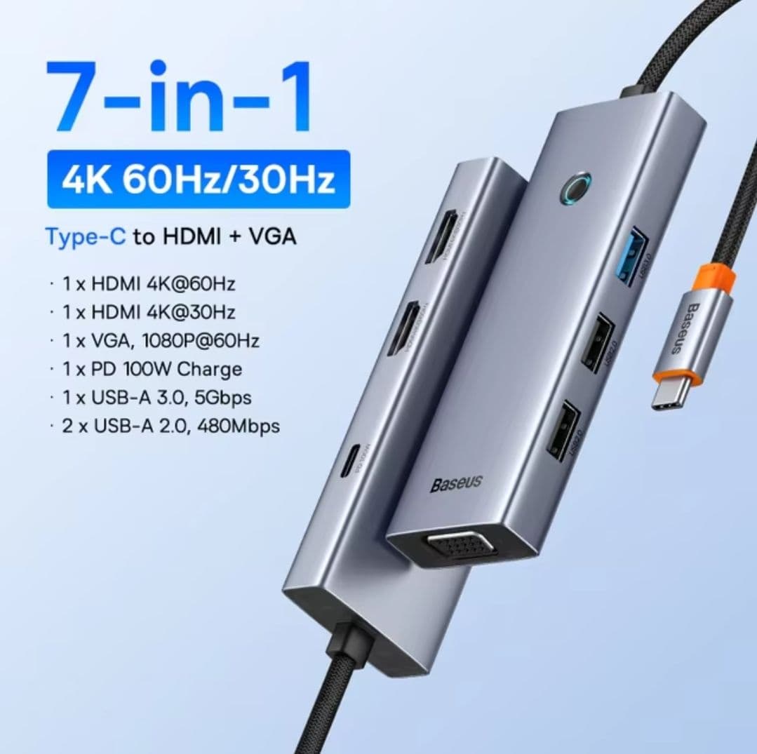 Baseus USB Hub Type C to Dual HDMI 4K 60Hz 13.94€ 7in1