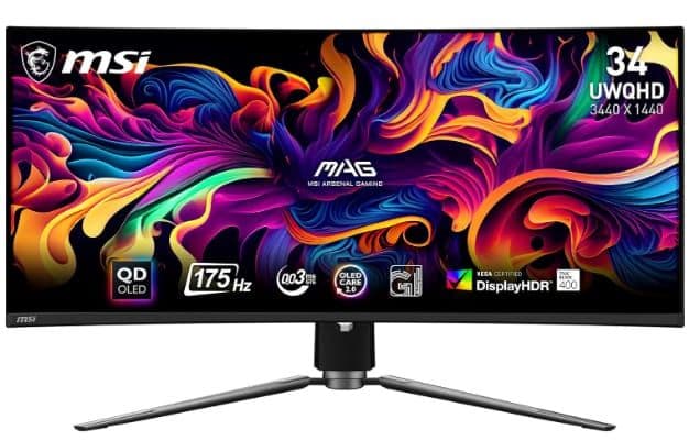 MSI MAG341CQP QD-OLED, 34'' Curved Gaming Monitor, 3440 x 1440 (UWQHD)|0.03ms Response time|175Hz, True Black HDR 400, HDMI|DP Port, USB Type C, Tilt, Height,Black 
