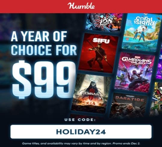 Ετήσια συνδρομή Humble Choice στα 99€ ή 8,25€/μήνα με τον κωδικό HOLIDAY24, από Humble Bundle