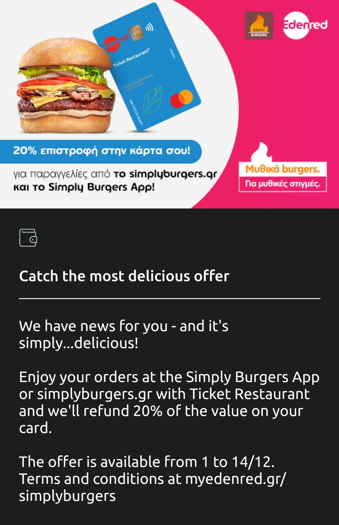20% Cashback για παραγγελίες στα SimplyBurgers με καρτες Ticket Restaurant