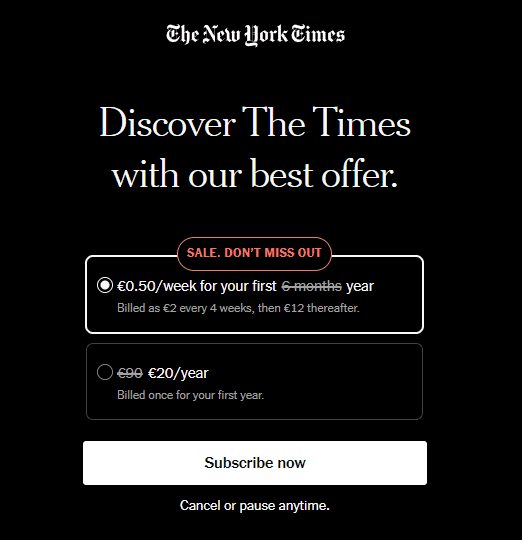 New York Times €0.50/εβδομάδα για το πρώτο έτος ή €20 για 1 χρόνο
