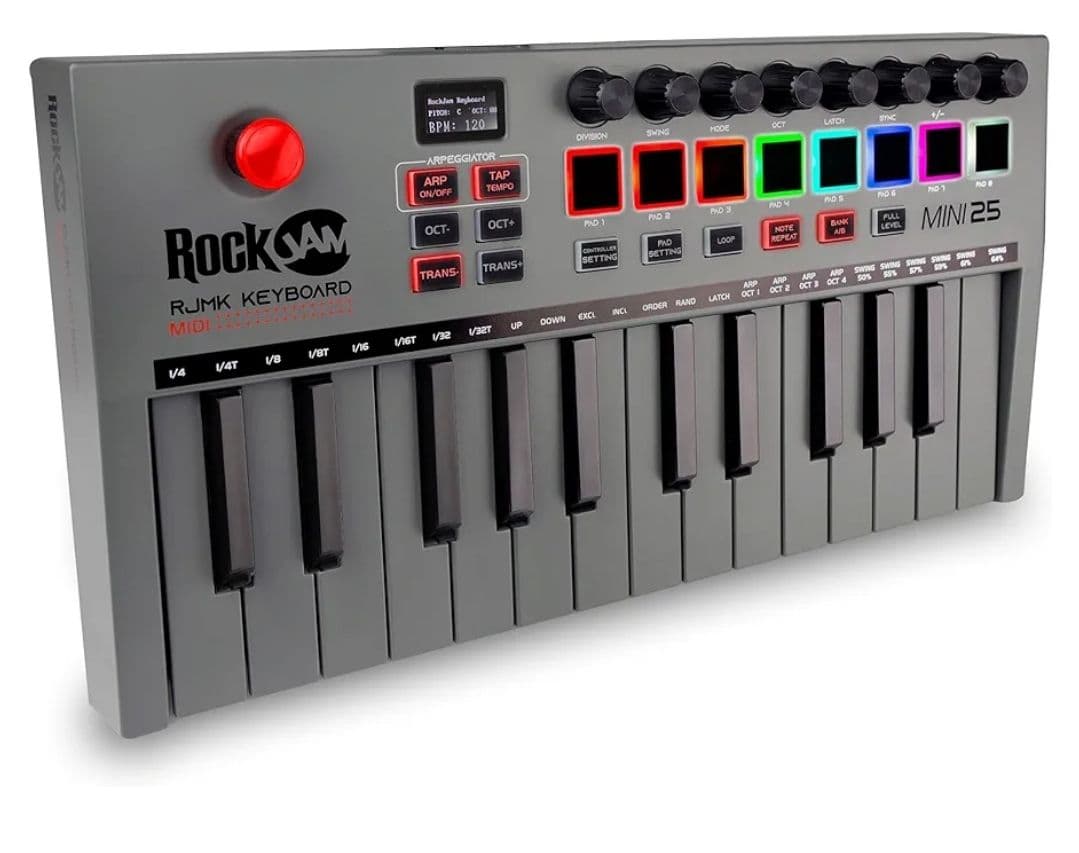 RockJam Go 25 Key USB & Bluetooth MIDI Keyboard Controller with 8 Backlit Drum Pads, 8 ρυθμιστές 