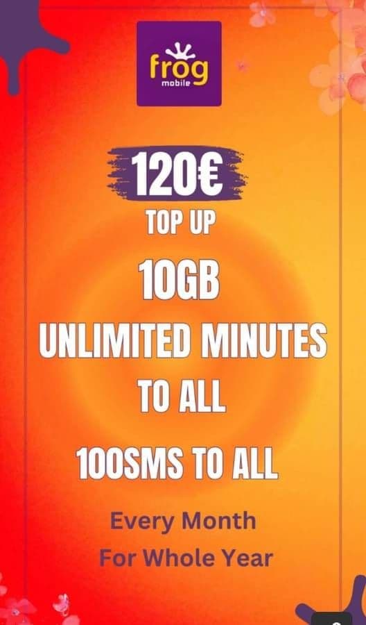 FROG απεριόριστα λεπτά + 10 Gb + 100 sms για 12 μήνες με 120€ (μόνο σε καταστήματα)