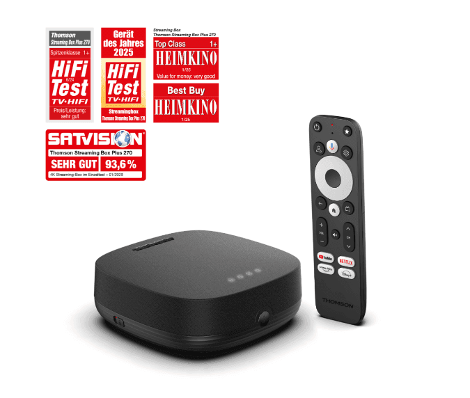 Thomson Streaming Box Plus 270, Google TV 4K, Hands Free Voice Control with Built-in Speaker, 4K UHD, Dolby Vision, Dolby Atmos, Smart Hub, WiFi-6, Googlecast