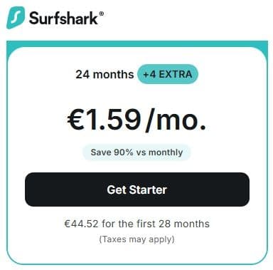 Surfshark 28 μήνες με 44,52€