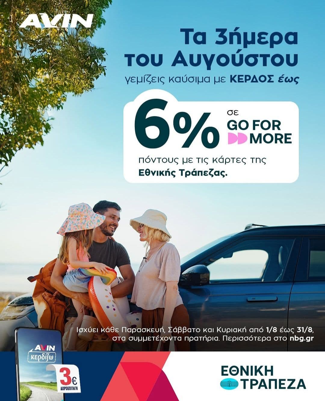 Κάθε ΠΣΚ του Αυγούστου έως 6% σε Go For More στα καύσιμα κίνησης Avin με κάρτες της Εθνικής 
