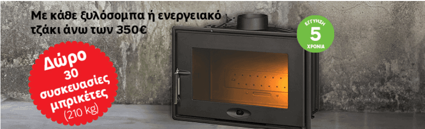 Με κάθε αγορά ξυλόσομπας ή τζακιού άνω των 350 ευρώ δώρο 30 συσκευασιες μπρικέτα (210 κιλά)