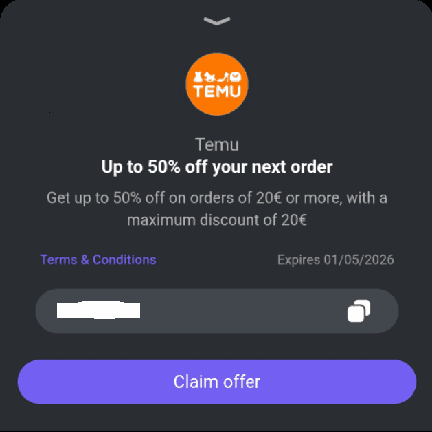Temu 50% έκπτωση μέσω του Viber Pay (για νέους χρήστες, max -20€)