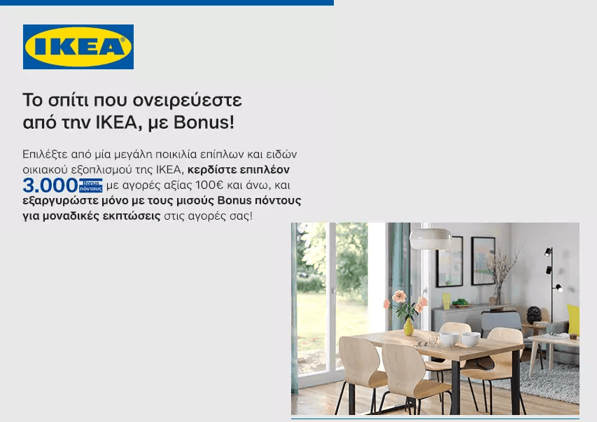 IKEA - Alpha Bank Bonus: Επιπλέον 3.000 Bonus για αργορές άνω των 100€ & εξαργύρωση με τους μισούς πόντους