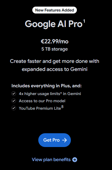 Google AI Pro με 5TB storage + Youtube Premium Lite με 22.99€/μήνα