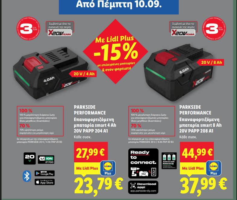 Έκπτωση 15% στις επαναφορτιζόμενες μπαταρίες και στον ταχυφορτιστή μπαταριών της σειράς εργαλείων X20VTeam της Parkside