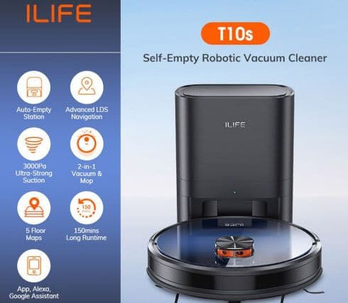 LIFE T10s Robot Vacuum and Mop Cleaner, 2 in 1, Self-Emptying Station, 3000Pa Suction, 2.5L Dust Bag, LDS Navigation, 150 mins Runtime, App & Voice Control, στα 260€, Geekbuying, αποθήκη Πολωνίας