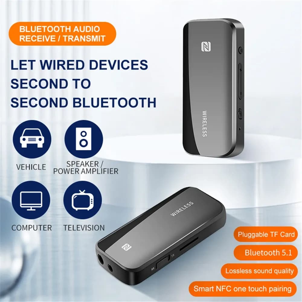 Bluetooth 5.1 Transmitter Receiver ασύρματο Dongle με μπαταρία και πολλές έξτρα λειτουργίες (NFC, multipair, DAC, TF card, media player, call microphone, photo button)
