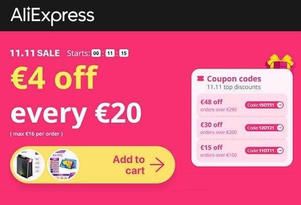 Έκπτωση -4€ ανά 20€ & επιπλέον κουπόνια στο AliExpress