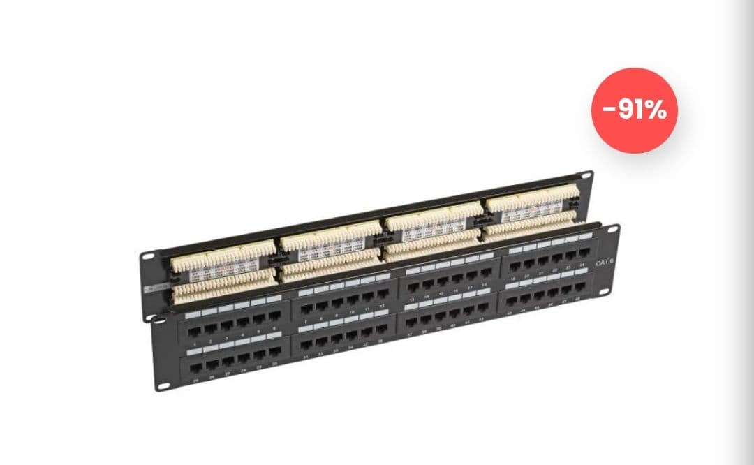 Patch panel 19 ιντσών 2U Cat. 6 250 MHz 48 θυρών RJ45 180° μη θωρακισμένο UTP RAL 9005 30.10€ από profipatch.com (2 τεμάχια αγορά)
