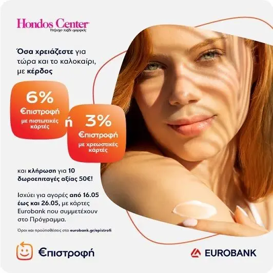 6% €πιστροφή με πιστωτική κάρτα EUROBANK για αγορές στα πολυκαταστήματα Hondos Center και στο hondoscenter.com