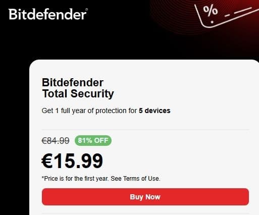 Bitdefender Total Security 1 χρόνος για 5 συσκευές