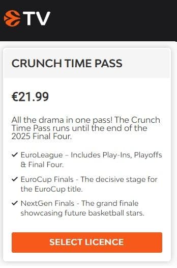 Crunch time pass Euroleague TV (Play-Ins, Playoffs, F4) 22.49€ (με VPN στα 5.89€)