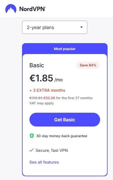 NordVPN συνδρομή 27 μηνών από 1.85€/μήνα