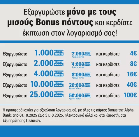 Alpha Bank Εξαργύρωση με μισούς Bonus πόντους στο Φυσικό Αέριο/Ρεύμα