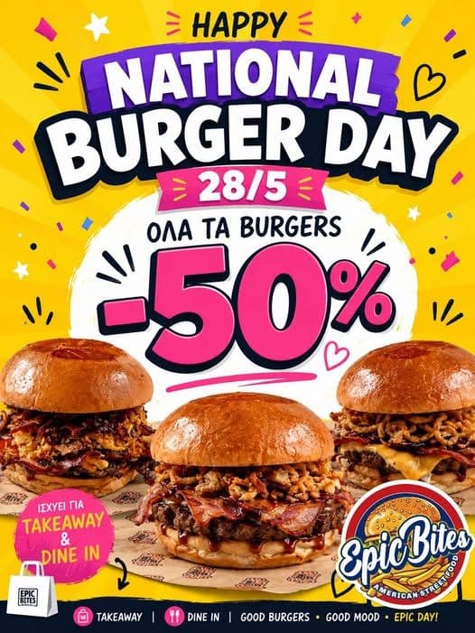 Όλα τα burgers -50% @ Epic Bites Πειραιάς & άλλες προσφορές για την International Burger Day
