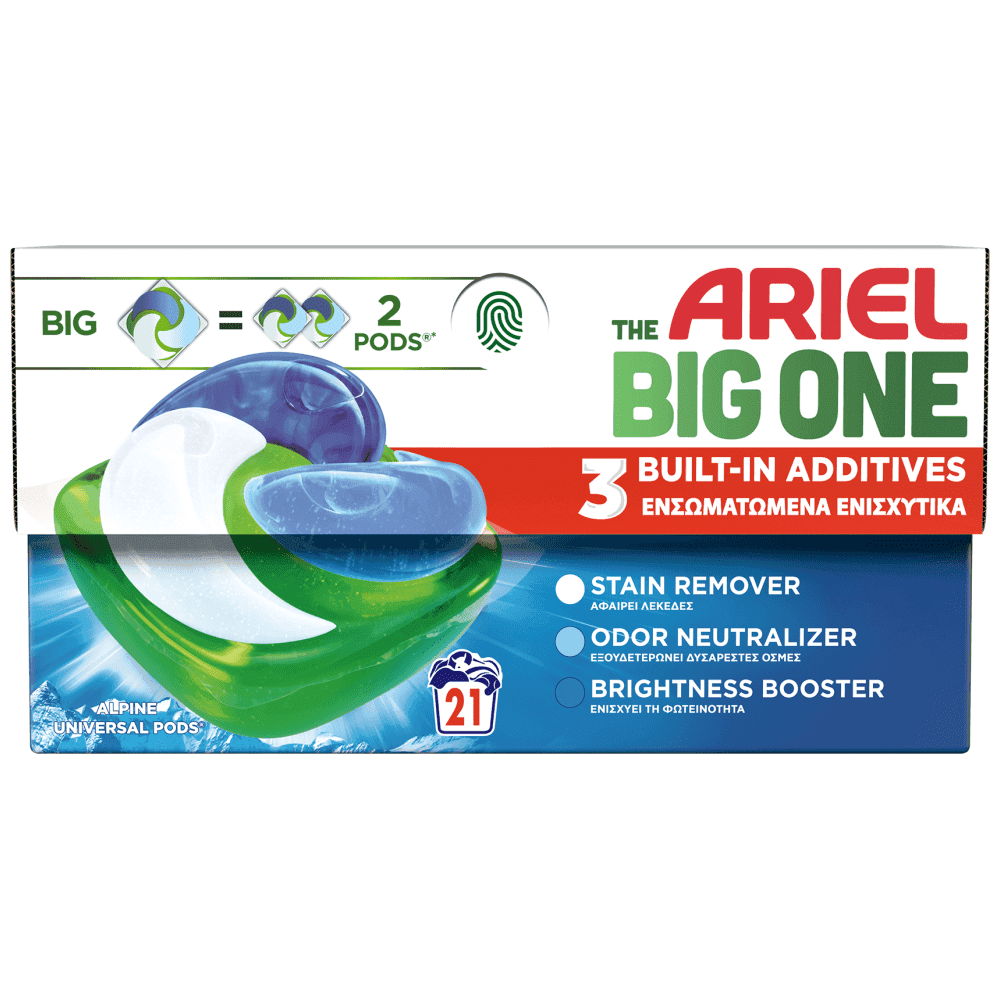 Ariel Big One Απορρυπαντικό Πλυντηρίου Ρούχων Κάψουλες Alpine 21Mεζ 6,62€ (Συνδυασμός με 60% cashback από Epithimies)